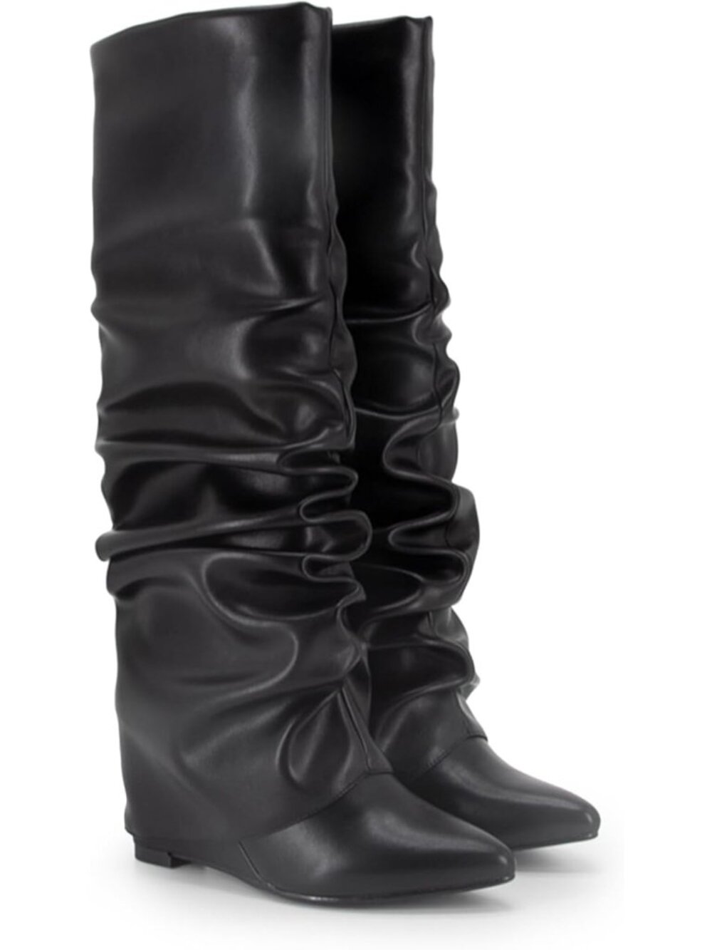Women's Black Pointed Toe Wedge Heel Comfortable Fold Over Knee High Shark Boots